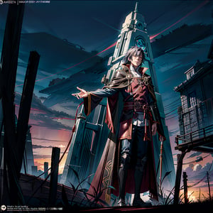 a man in a cape standing in front of a sunset, concept art by Constant, deviantart, rayonism, official art, anime, dark and mysterious,r1ge,asthethic,raidenshogundef