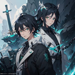 
a man with black hair and green eyes, a character portrait, deviantart, plasticien, official art, anime, toonami,wearning white pea coat with black chain, asthethic,volumetric lighting, drawing sword,behind a charactr a rift opening,half white broken mask on hair