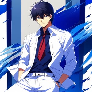 a young man in a white shirt and deep blue pants, a character portrait , official art,  stylish,r1ge,anime asthethic,no_humans,Kagami Taiga ,SUKUNA