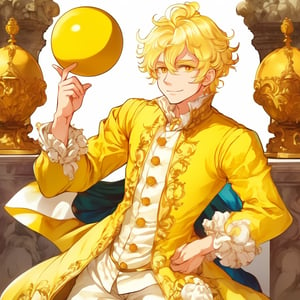 a man with blonde hair wearing a yellow outfit, a marble sculpture by The Mazeking, pixiv, rococo, rococo, official art, booru,r1ge