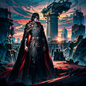 a man in a cape standing in front of a sunset, concept art by Constant, deviantart, rayonism, official art, anime, dark and mysterious,r1ge, asthethic,no_humans