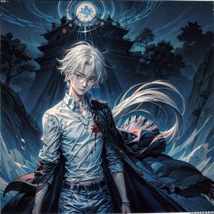 a young man in a white shirt and deep blue pants, official art,  stylish,r1ge, greyish hair,anime asthethic,no_humans,Kagami Taiga ,SUKUNA,dfdd, blood cyanotype, chief