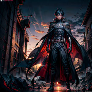 a man in a cape standing in front of a sunset, concept art by Constant, deviantart, rayonism, official art, anime, dark and mysterious,r1ge, asthethic
