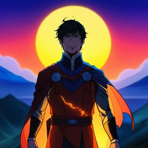 a man in a cape standing in front of a sunset, concept art by Constant, deviantart, rayonism, official art, anime, dark and mysterious,r1ge,asthethic,raidenshogundef