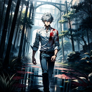 a young man in a white shirt and deep blue pants, official art,  stylish,r1ge, greyish hair,anime asthethic,no_humans,Kagami Taiga ,SUKUNA,dfdd, blood cyanotype, chief,scenery