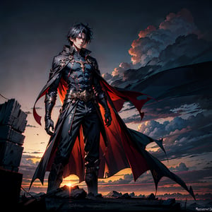 a man in a cape standing in front of a sunset, concept art by Constant, deviantart, rayonism, official art, anime, dark and mysterious,r1ge,half body shot
