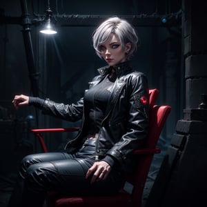a  mature woman on early 30s, sitting on a chair in a dark room, a bossy character , contest winner, sots art, darksynth, dark and mysterious backgroun,red soft light, greyish hair ,blue eyes,short hair,punk, black shinny jacket,no_humans,r1ge