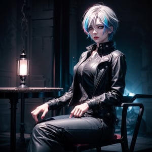a  mature woman , sitting on a chair in a dark room, a bossy character , contest winner, sots art, darksynth, dark and mysterious backgroun,red soft light, greyish hair ,blue eyes,short hair,punk, black jacket,r1ge, vibrant , colorful
