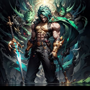 
a man with green hair, concept art, auto-destructive art, official art,hellis,holding golden dagger,full body shot,no_humans