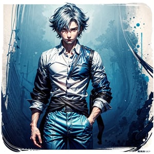 a young man in a white shirt and deep blue pants, a character portrait , official art,  stylish,r1ge,anime asthethic,no_humans,Kagami Taiga ,SUKUNA,dfdd,cyanotype, chief
