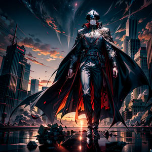 a man in a cape standing in front of a sunset, concept art by Constant, deviantart, rayonism, official art, anime, dark and mysterious,r1ge