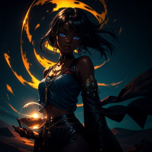 A dark skin girl in desert,black hair,blue eyes,object floating on her hands,wearing shinny jewellery, volumetric lighting