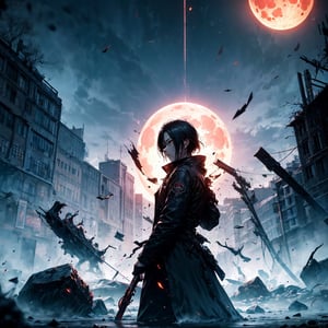 Horror theme,chaotic environment,stand alone against world,frenzy, survival,scarlet moon,man