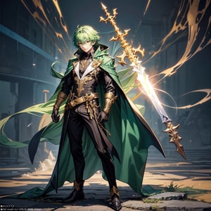 
a man with green hair, concept art, auto-destructive art, official art,hellis,holding golden dagger,full body shot,no_humans