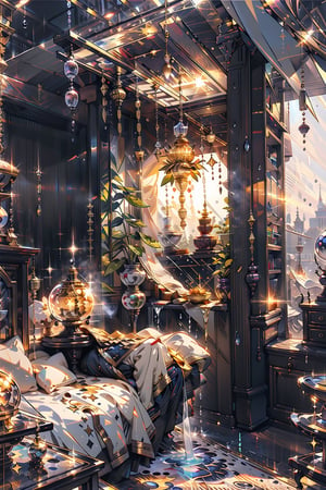 bedroom with plants made out of gold and honey, dripping honey from the sky, raining honey everywhere a big hand in the middle of the room out of silver,glitter