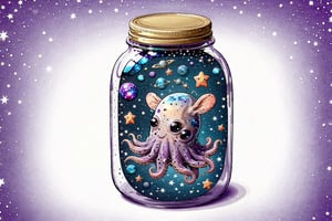 squid in jar, swimming in space, galaxies in jar, stars in jar,in a jar,comic book,dumbo_oktopus, milkway, galaxies in jar,glitter