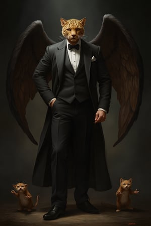 A man with a leopard's face and large wings, dressed in an elegant suit, stands confidently with small mischievous imps at his side. The scene is set in a dimly lit, mysterious environment, with dramatic lighting casting deep shadows. The composition is dynamic, focusing on the man's regal pose and the playful imps, creating a sense of intrigue and otherworldly presence.