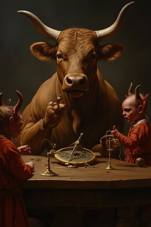 A bull with a human head sits at a table, with small mischievous devils playing with an astrolabe and other astronomical instruments. The scene is set in a dimly lit, mysterious environment, with dramatic lighting casting deep shadows. The composition is dynamic, focusing on the bull's contemplative pose and the playful devils, creating a sense of intrigue and otherworldly charm.