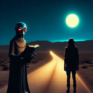 A serene night scene on an empty desert road, an extraterrestre with glowing eyes and a sleek, metallic body stands beside a human, holding a glowing, ancient-looking book. The full moon illuminates the scene, casting a soft, silvery light. The extraterrestre gestures towards the book with a curious expression, while the human looks on in awe. The composition is balanced, with the road stretching into the distance and the moon looming large in the background.