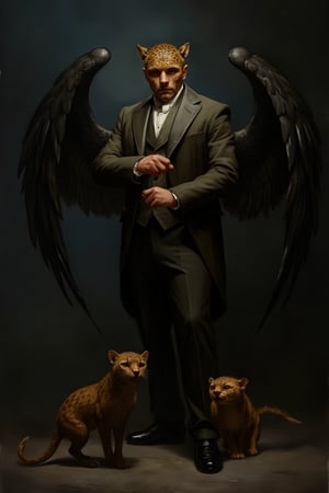 A man with a leopard's face and large wings, dressed in an elegant suit, stands confidently with small mischievous imps at his side. The scene is set in a dimly lit, mysterious environment, with dramatic lighting casting deep shadows. The composition is dynamic, focusing on the man's regal pose and the playful imps, creating a sense of intrigue and otherworldly presence.