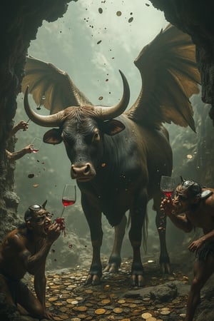 A bull with griffin wings in a cave, surrounded by coins and imps drinking wine, spilling it around. The bull is in a majestic pose, framed by the cave and the playful imps, creating a dynamic and whimsical scene.