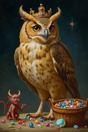 A large owl with small horns, wearing a beautiful crown and long legs, sits beside a basket filled with sparkling gemstones, as small mischievous devils play with them. The scene is set under a starry sky, with visible constellations. The composition is dynamic, focusing on the owl's regal presence and the playful devils, creating a sense of enchantment and celestial wonder.