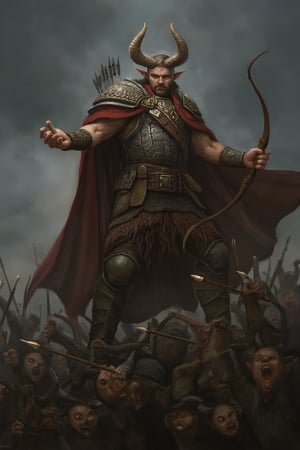 A majestic archer with horns stands proudly, exuding an air of arrogance, with numerous imps fighting below him, wielding bows and arrows. The scene is set on a cloudy day, with a dark, overcast sky. The composition is dynamic, focusing on the archer's commanding presence and the chaotic battle of the imps, creating a sense of grandeur and conflict.