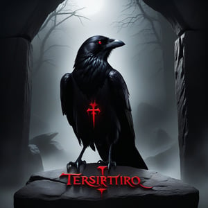 Logo design for TERRITORIO CROWLEY: A dark, eerie crow perched ominously on a cracked, ancient stone tablet. The crow's eyes glow with an unsettling red light. The text TERRITORIO CROWLEY is carved into the stone, with each letter dripping with dark, viscous liquid. The overall composition is centered, with the crow and text surrounded by a shadowy, foggy background. The lighting is dim and foreboding, emphasizing the sinister atmosphere.