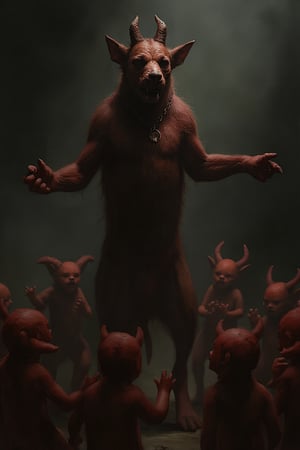 A three-headed dog, Cerberus, stands on its hind legs, appearing to address a crowd of attentive small devils. The scene is set in a dark, eerie environment, with dramatic lighting casting deep shadows. The composition is dynamic, focusing on Cerberus' commanding presence and the attentive devils, creating a sense of authority and intrigue.