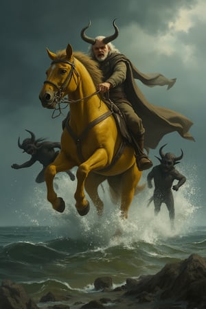 A man with horns mounted on a yellow horse gallops across stormy waters, dragging small mischievous imps behind him. The scene is set during a cloudy day, with dark, brooding skies and choppy waves. The composition is dynamic, capturing the man's powerful stride and the imps' playful struggle, creating a sense of chaos and supernatural energy.