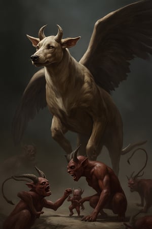 A griffin-winged dog with horns stands majestically, with small devils fiercely battling at its feet. The scene is set in a dark, dramatic environment, with deep shadows and stark highlights. The composition is dynamic, focusing on the dog's powerful presence and the chaotic fight of the devils, creating a sense of intensity and conflict.