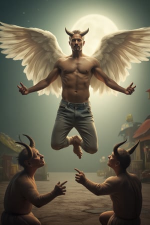 A confident man with small horns and beautiful angel wings spread out, his feet resembling duck feet. Surrounded by playful little devils engaged in playful fights. The scene is framed in a dynamic composition with the man in the center, illuminated by soft, heavenly light. The background features a whimsical, otherworldly landscape.