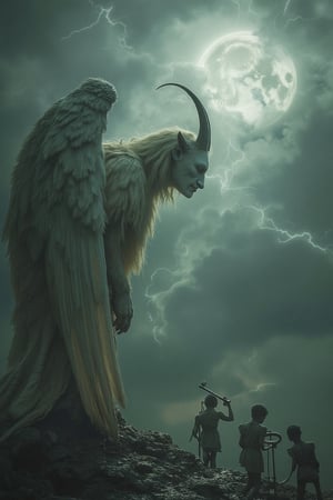 An angel with goat horns looking at a storm, with small imps playing with astronomical tools. The angel is in a contemplative pose, framed by the stormy sky and the playful imps, creating a dynamic and mystical scene.