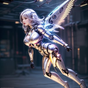 A cyborg female in the sky, cyborg style, cyborg, android, white and gold body, front view, futuristic, with angelic wings, full body view, silver hair, under_boob. breasts, clouds, gold led lights