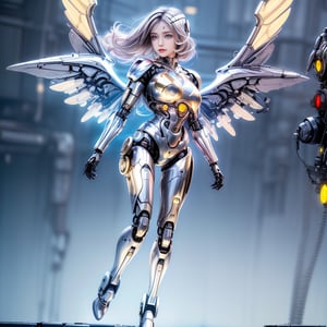 A cyborg female in the sky, cyborg style, cyborg, android, white and gold body, front view, futuristic, with angelic wings, full body view, silver hair