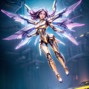 A cyborg female in the sky, cyborg style, cyborg, android, white and gold body, front view, futuristic, with angelic wings, full body view, colorful hair, clouds, gold led lights, flying in the sky like a jet