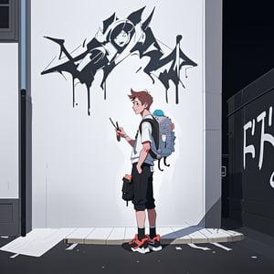 male teen with streat wear clothes, cityscape, urban, grafitti, wall_writing, night, different perspective, black_and_white_ backpack, people in the backround