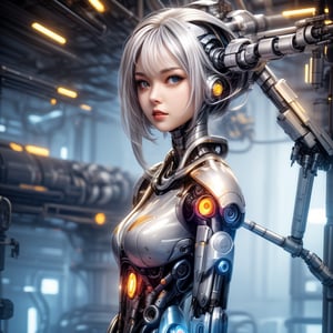 a cute cyborg lady in a futuristic factory, white and gold body, silver hair, slim body, cyborg, cute face, battle pose