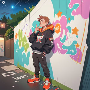 male teen with streat wear clothes, cityscape, urban, grafitti, wall_writing, night, different perspective, people in the backround, stars in the sky, hood