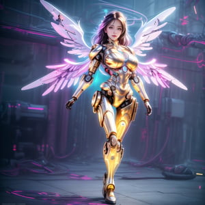 A cyborg female in the sky, cyborg style, cyborg, android, white and gold body, front view, futuristic, with angelic wings, full body view, colorful hair, under_boob. breasts, clouds, gold led lights