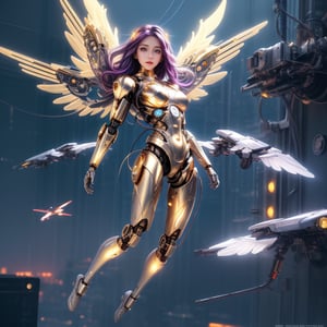 A cyborg female in the sky, cyborg style, cyborg, android, white and gold body, front view, futuristic, with angelic wings, full body view, colorful hair, clouds, gold led lights, flying in the sky like a jet, angelic look