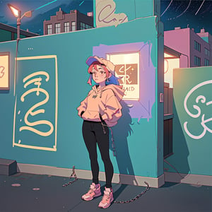 female teen with streat wear clothes, cityscape, urban, wall_writing, night, different perspective, people in the backround, stars in the sky, hood, volumetric_lights, cap, chain necklace, 2 people