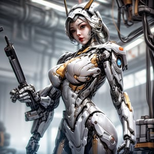 a cute cyborg lady in a futuristic factory, white and gold body, silver hair, slim body, underboob ,Mecha warrior