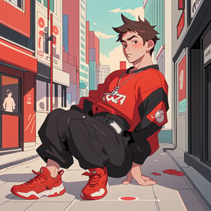 male teen with streat wear clothes, cityscape, urban, black and red clothes