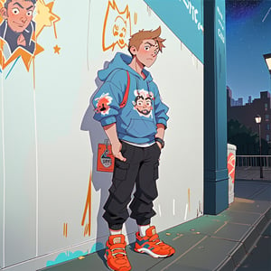 male teen with streat wear clothes, cityscape, urban, grafitti, wall_writing, night, different perspective, people in the backround, stars in the sky, hood