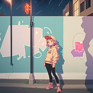 female teen with streat wear clothes, cityscape, urban, wall_writing, night, different perspective, people in the backround, stars in the sky, hood, volumetric_lights, cap