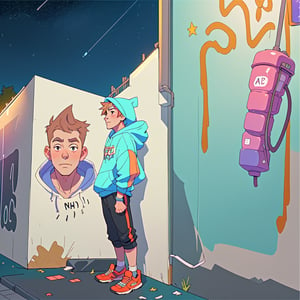 male teen with streat wear clothes, cityscape, urban, wall_writing, night, different perspective, people in the backround, stars in the sky, hood