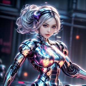 a cute cyborg lady hunting criminals with a sword, white and gold body, silver hair, slim body, cyborg, cute face, battle pose