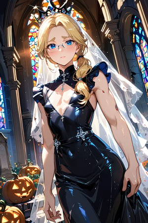 , Best Quality, halloween costume, ghost, embarrassed, troubled thick eyebrows,, ,very detailed beautiful face and eyes, Blonde Low ponytail, Blue eyes, ,(Shiny skin, Shiny body, shiny oily luster skin, Shiny hair, pale skintone), (parted bangs, forehead), high quality,androgynous male, Anime artstyle depiction of a handsome beautiful elegant graceful daintily boyish young male with low-tied blonde long ponytails and parted bangs revealing a pale forehead, very long gorgeousfull wedding veil,, spade queen, stained glass background,Broken church,Cemetery, heavy rain, dark clouds, Battle damage, flat chest, large pectorals muscle ,small arms muscle ,wearing wedding black dress,, Rimless Glasses, ,(Depth of field, hdr, 8k wallpaper, cinematic angle, cinematic lighting,:1.1) (masterpiece, best quality:1.45)