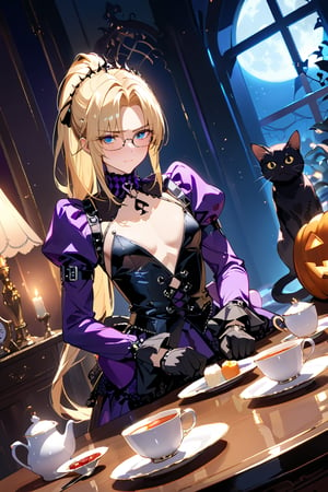 , Best Quality, halloween costume,black gloves, navel, ghost,　punk, rock ,embarrassed, troubled thick eyebrows,, flat chest, large pectorals muscle , small arms muscle ,  elegant High quality, Black Cat, Men's Glasses,Anime-style depiction of a slender androgynous male with long low-tied blonde ponytail, parted bangs, pale forehead, cat ears, and a cat tail, enjoying a night-time tea time. He is wearing a violet gothic-style outfit and has blue eyes and slightly slanted eyes. The setting is peaceful, with a beautifully arranged tea set, in a room with gothic decor, softly lit to create a calm and enchanting night-time atmosphere, spade queen, ,(Depth of field, hdr, 8k wallpaper, cinematic angle, cinematic lighting,:1.1) (masterpiece, best quality:1.45)